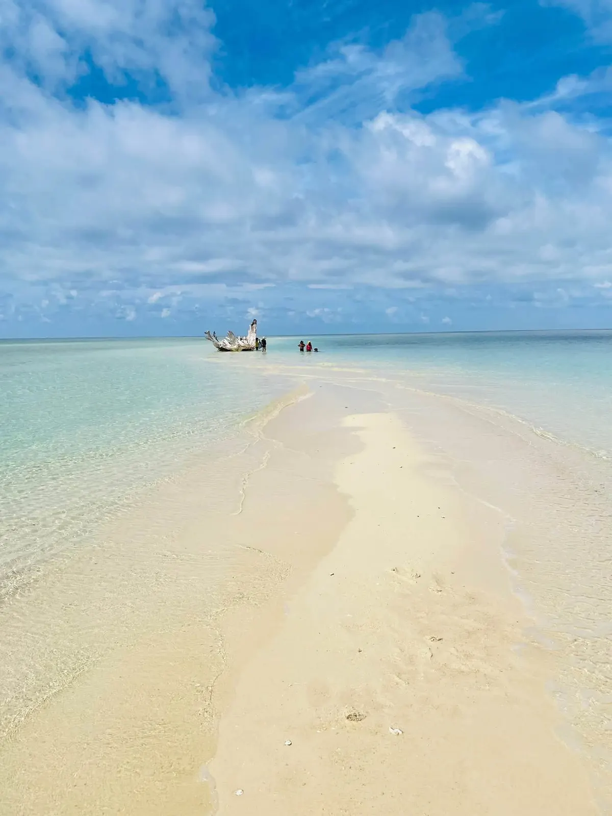 A long white sandbar stretching out into clear water